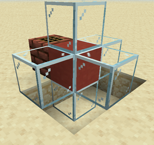 Visualization of the hot air created by the Oven. Nothing flammable can be placed where the Red block and the Glass blocks are